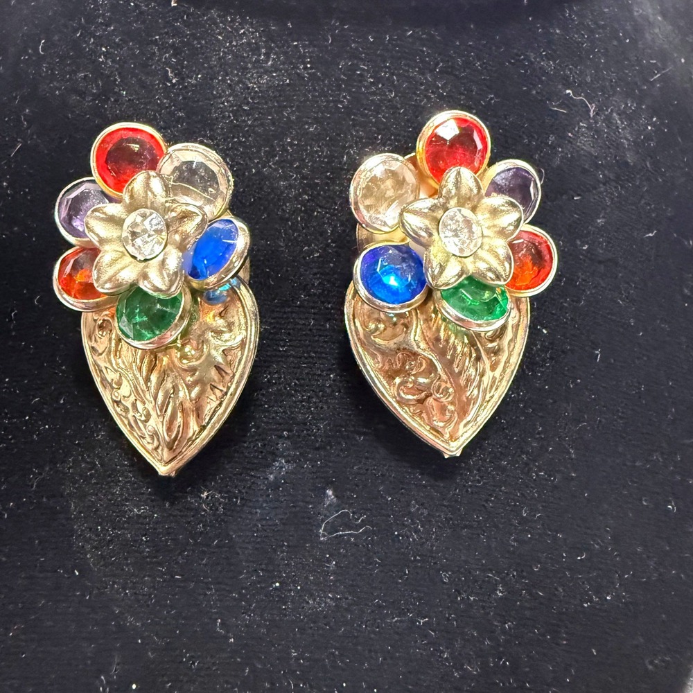 Vintage Multi Color Rhinestone Flower Heart Gold Tone Statement Post Earrings